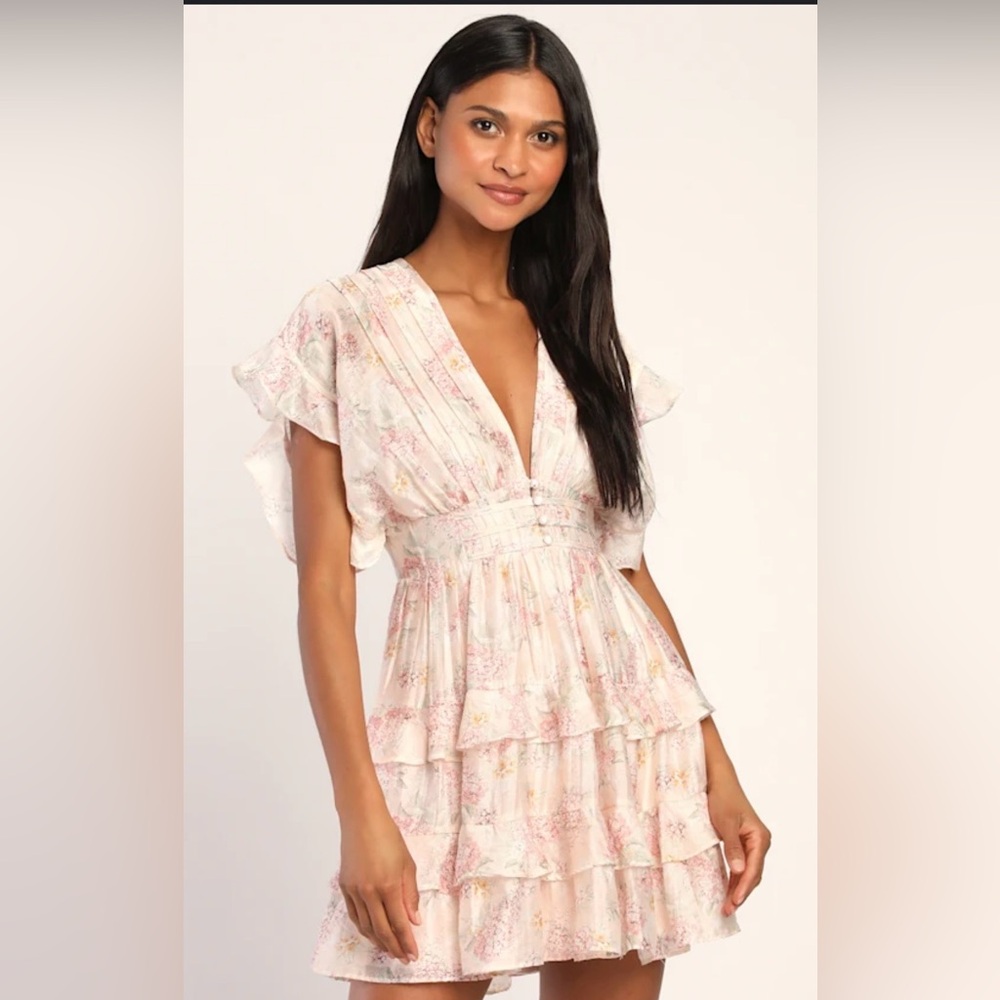 Storia in Love Blush Pink Floral Print Ruffled Tiered Mini Fairy Dress M